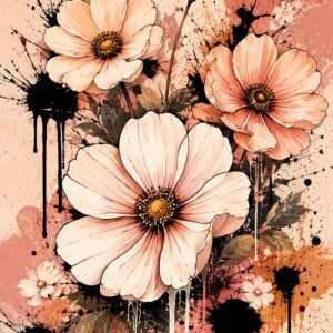 Affiche florale rose poudré avec grandes fleurs et éclaboussures artistiques