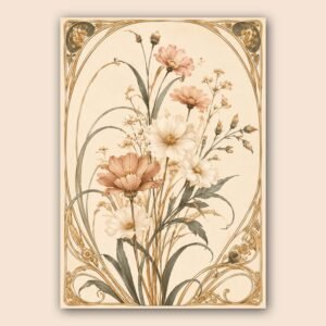 Illustration florale vintage aux tons beige, rose poudré et vert sauge