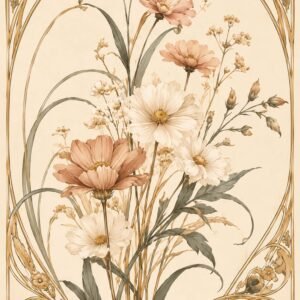 Affiche florale Art Nouveau avec bouquet de fleurs délicates et cadre ornemental