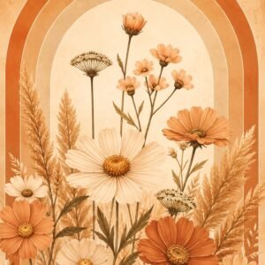 Affiche florale aux tons terracotta, crème et beige avec bouquet de fleurs sauvages