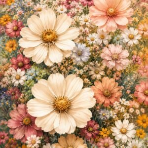 Affiche florale multicolore aux tons pastel avec grandes fleurs crème, roses et orangées