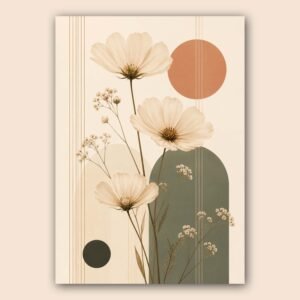 Affiche florale moderne avec fleurs blanches et formes géométriques douces