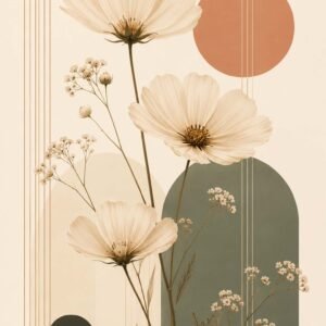 Affiche florale avec grandes fleurs blanches, formes géométriques beige, vert sauge et terracotta