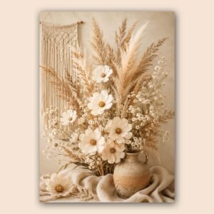 Composition florale beige avec fleurs séchées et vase en terre cuite