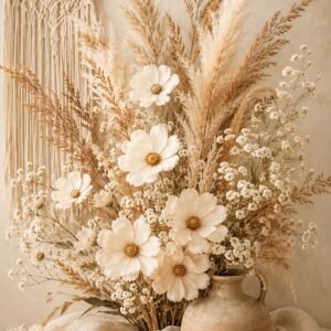 Bouquet de fleurs séchées et fleurs blanches dans une ambiance bohème beige