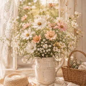 Bouquet de fleurs champêtres dans un vase en céramique, ambiance douce et vintage
