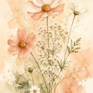 Bouquet de fleurs aquarelle dans des tons rose poudré et vert sauge
