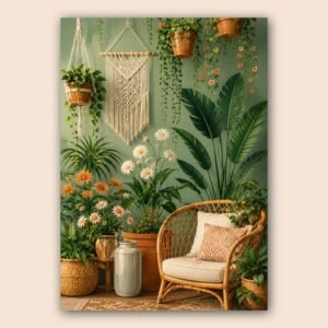 Décor végétal bohème avec feuillage, macramé et rotin