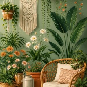 Décor bohème tropical avec plantes vertes, macramé mural et fauteuil en rotin