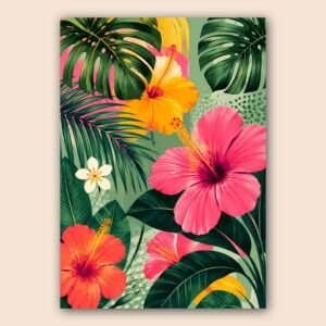 Illustration florale tropicale avec grandes fleurs roses et orange