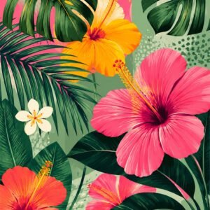 Affiche décorative avec fleurs tropicales roses, orange et feuillages verts