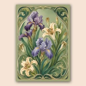 Illustration florale avec iris et lys dans des tons violet, crème et vert sauge