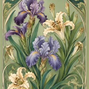 Affiche botanique avec iris violets et lys crème sur fond vert sauge