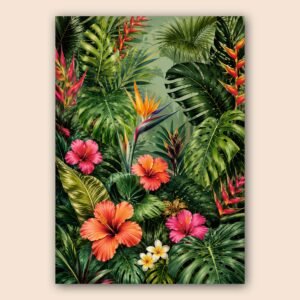 Affiche décorative tropicale avec grandes feuilles vertes et fleurs colorées
