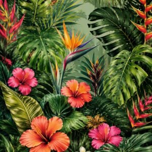 Affiche tropicale avec feuillage luxuriant et fleurs exotiques colorées