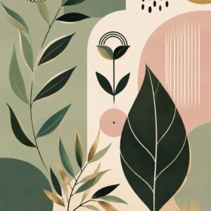 Affiche botanique abstraite avec feuilles stylisees en vert sauge, vert foret, beige et rose poudré