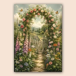 Affiche décorative d'un jardin fleuri avec arche et papillons