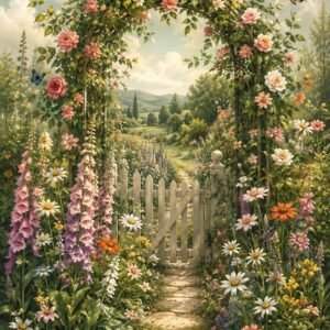 Jardin fleuri avec arche végétale, portail en bois et papillons
