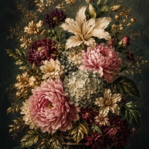 Bouquet floral opulent dans un vase décoratif sur fond sombre