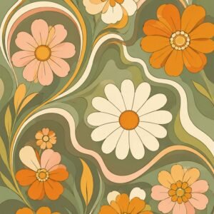 Affiche florale rétro avec fleurs stylisées sur fond vert sauge