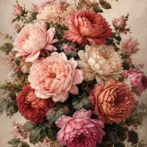 Bouquet de pivoines et fleurs roses dans une ambiance romantique