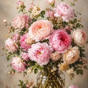Bouquet de pivoines roses et crème dans un vase en verre