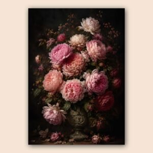 Pivoines roses et crème dans une composition florale sombre