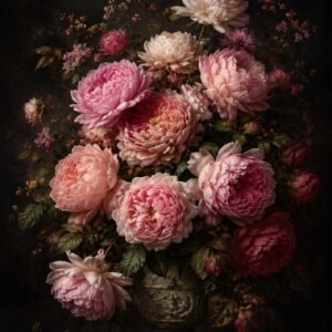 Bouquet de pivoines roses dans un vase ancien sur fond sombre
