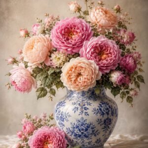 Bouquet de fleurs roses et pêche dans un vase bleu et blanc