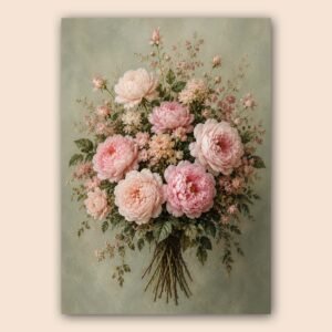 Bouquet de pivoines roses avec feuillage vert sur fond neutre