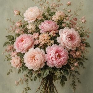 Bouquet de pivoines roses et fleurs délicates sur fond vert sauge