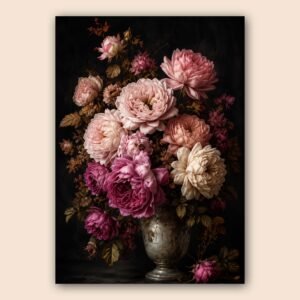 Bouquet floral rose et crème dans un vase ancien