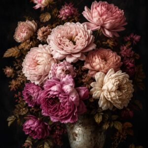Bouquet de fleurs roses et crème dans un vase ancien sur fond sombre