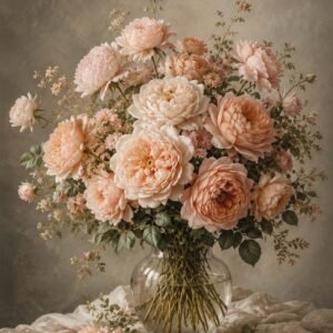 Bouquet de fleurs pastel dans un vase en verre, affiche florale romantique