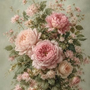 Bouquet de fleurs roses et feuillage vert sur fond doux