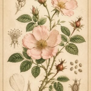 Affiche botanique vintage avec rose rose poudré et feuillage vert