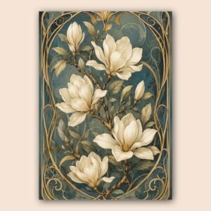 Illustration florale de magnolia blanc avec ornements dorés