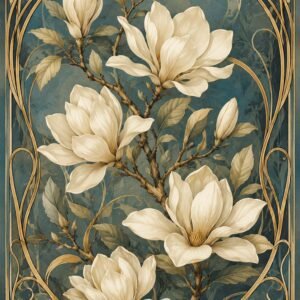 Affiche botanique avec fleurs de magnolia blanches sur fond bleu-vert et cadre doré décoratif
