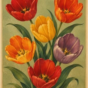 Bouquet de tulipes colorées sur fond vert au style botanique vintage