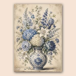 Affiche florale avec bouquet bleu et vase en porcelaine