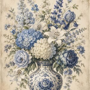 Bouquet de fleurs bleues et blanches dans un vase en porcelaine sur fond patiné