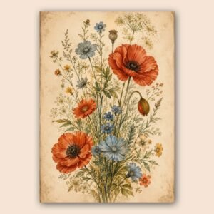 Bouquet de fleurs sauvages illustré dans un style botanique rétro
