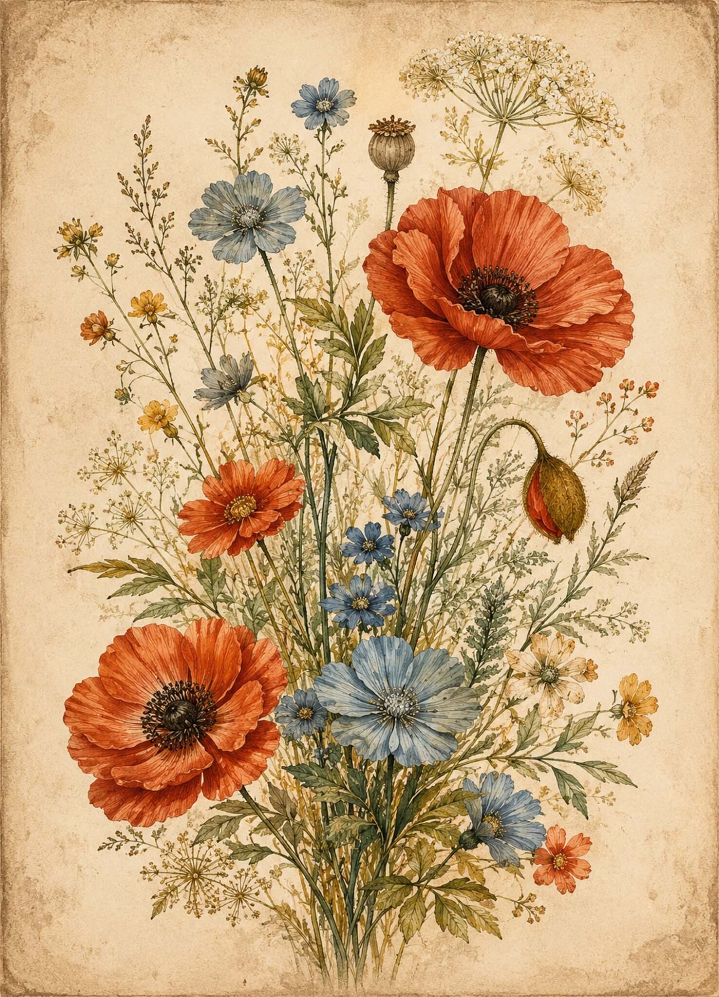 Affiche représentant une composition autour de bouquet floral vintage