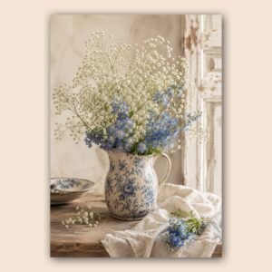 Bouquet de fleurs blanches et bleues dans un pichet décoratif