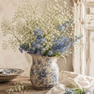 Bouquet champêtre de fleurs blanches et bleues dans un pichet en faïence bleue