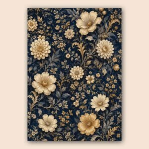 Affiche décorative florale sur fond bleu nuit avec fleurs dorées