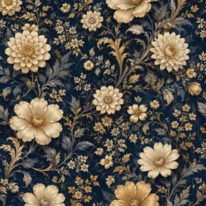 Affiche florale décorative avec fleurs crème et dorées sur fond bleu nuit