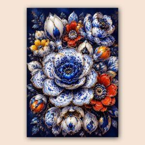 Affiche florale décorative bleue, blanche et dorée