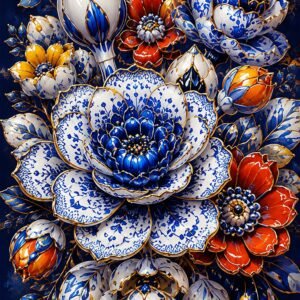 Composition florale décorative en porcelaine bleue, blanche et rouge avec détails dorés