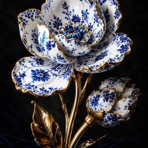 Fleur décorative en porcelaine bleue et or sur fond sombre
